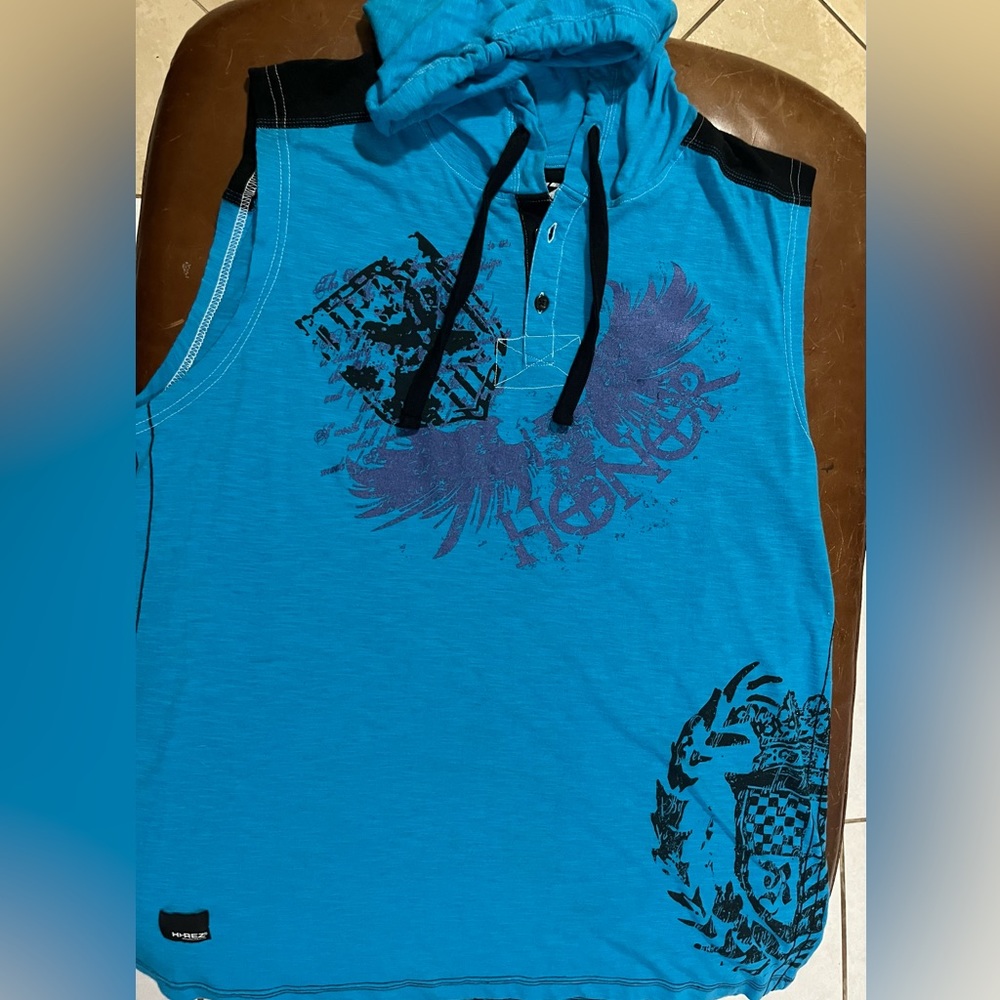 Hi-Rez Shirt Mens XL Blue Graphic Cotton Hip Hop Rap Adult Men Sleeveless Hooded
